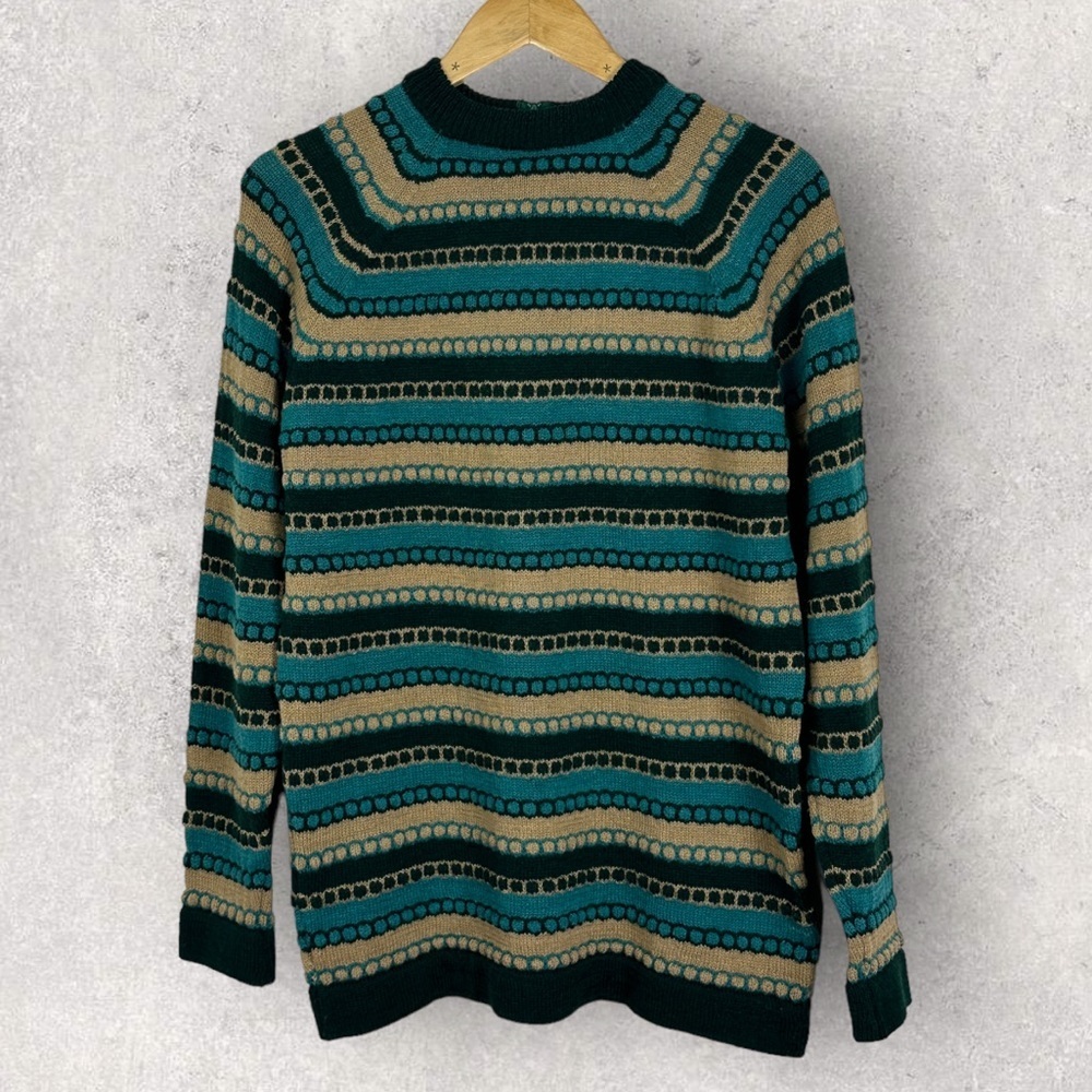 Vintage Wool Blend 3D Knit Sweater Pullover Green Teal Brown Stripe Large Zipper - Picture 10 of 11